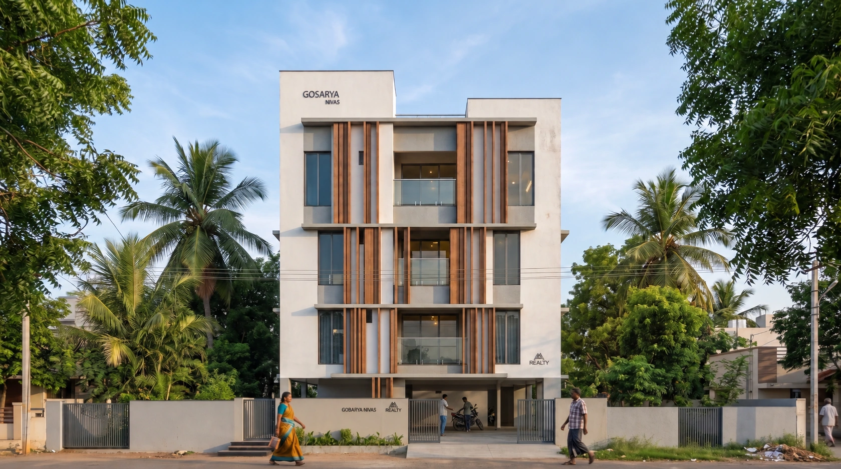 Updated daytime architectural visualization of Gosarya Nivas
