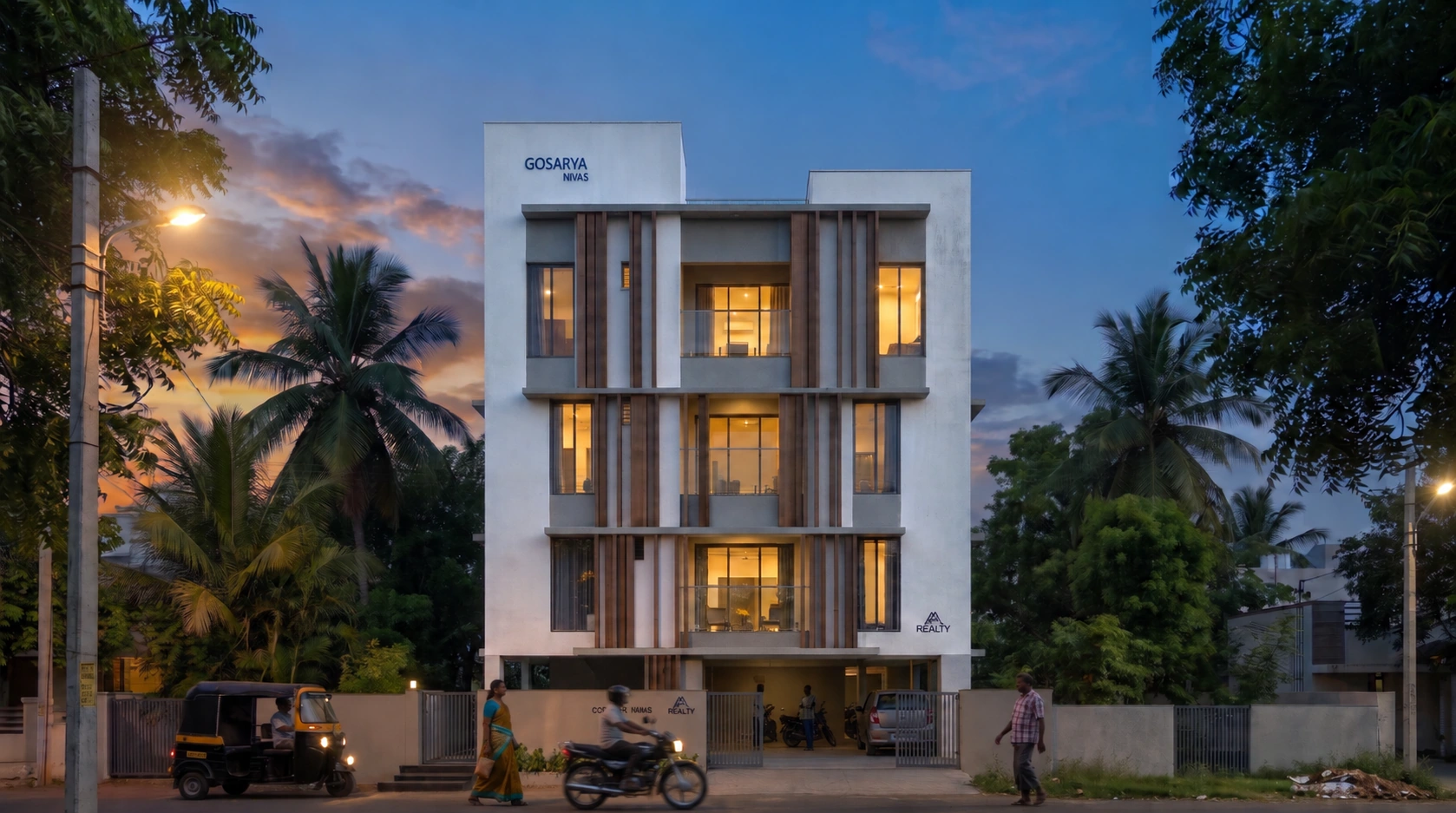Updated evening architectural visualization of Gosarya Nivas with illuminated windows